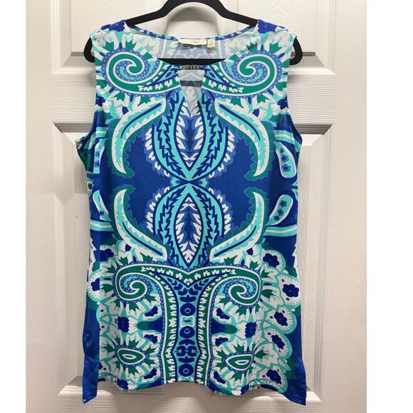 Maria Gabrielle Size 1X Blue Paisley Sleeveless Rhinestone Keyhole Neck Top - Picture 1 of 7